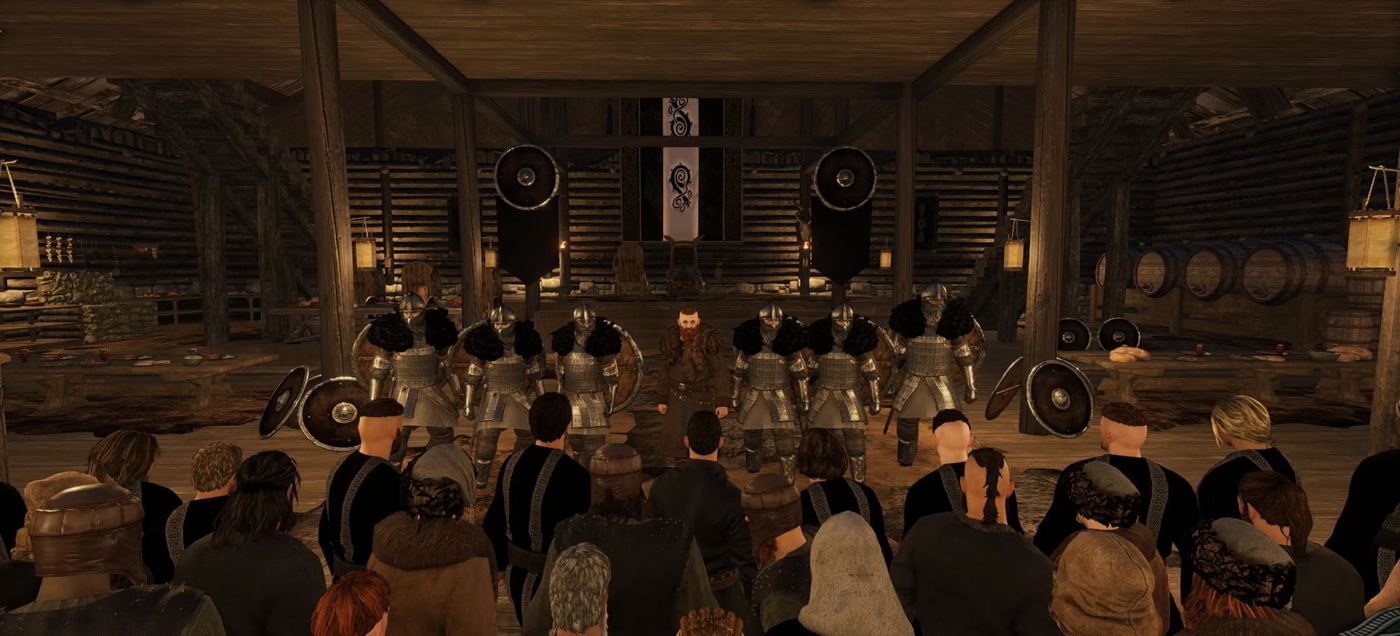Clansmen gathered in the Völsung great hall before the Jarl and his housecarls